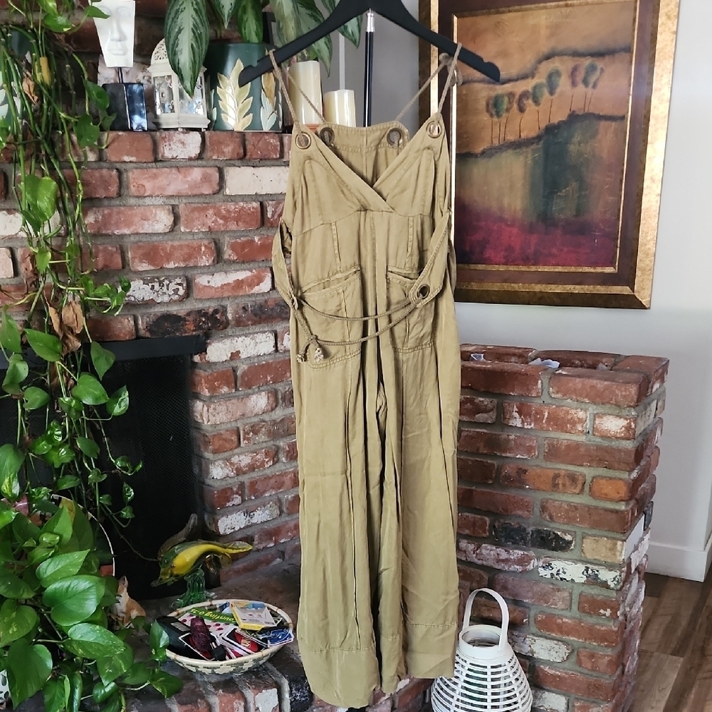 Hei Hei Anthropologie Linen Blend Wide Leg Jumpsuit Olive Green Small - Picture 6 of 16